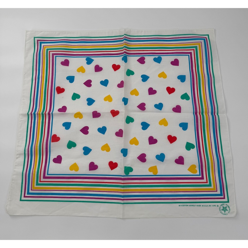 Vintage USA Made Rainbow Heart Bandana Scarf White Multi Color RN 14193 Retro
